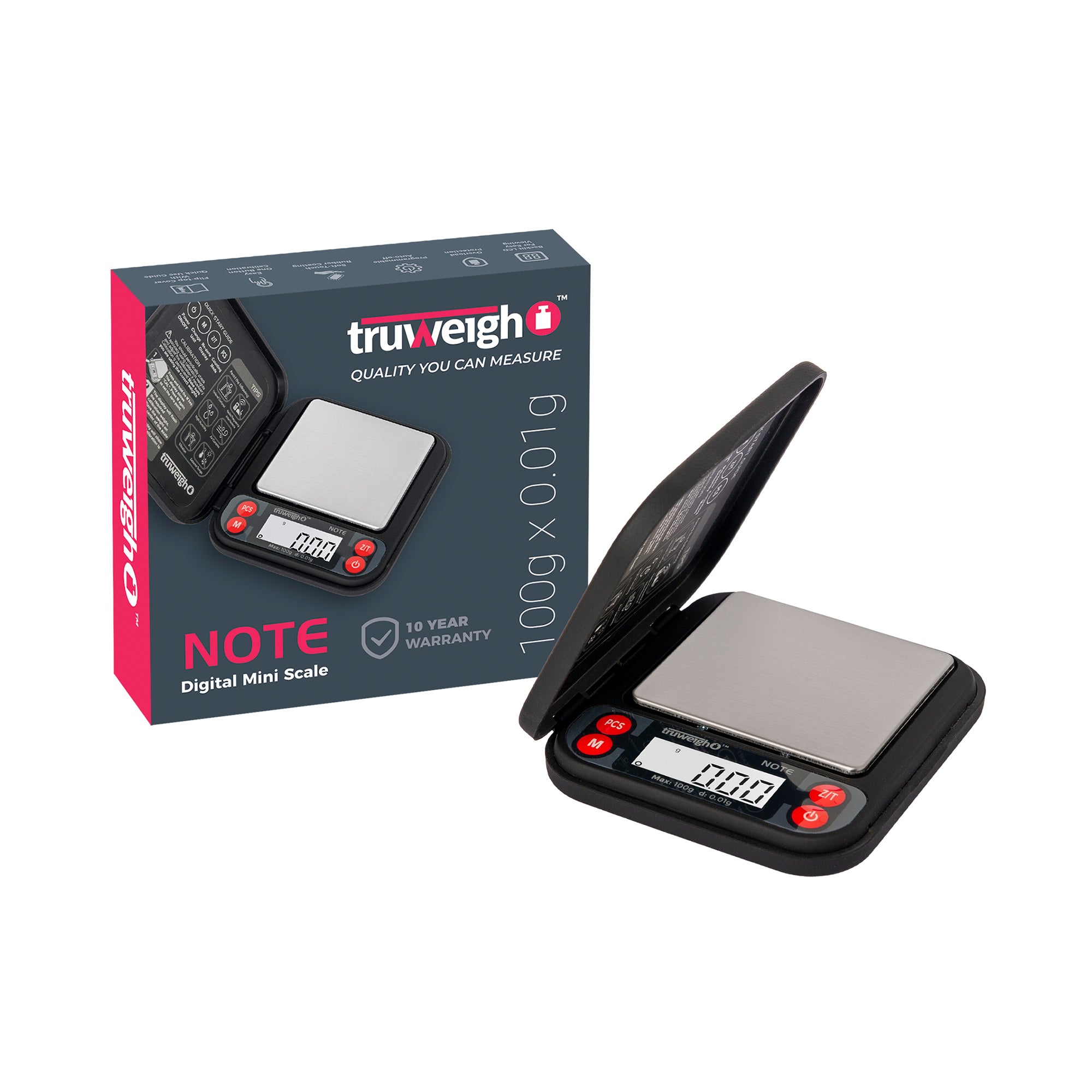 The black Truweigh Note pocket scale is shown open, turned on, and sitting next to the box
