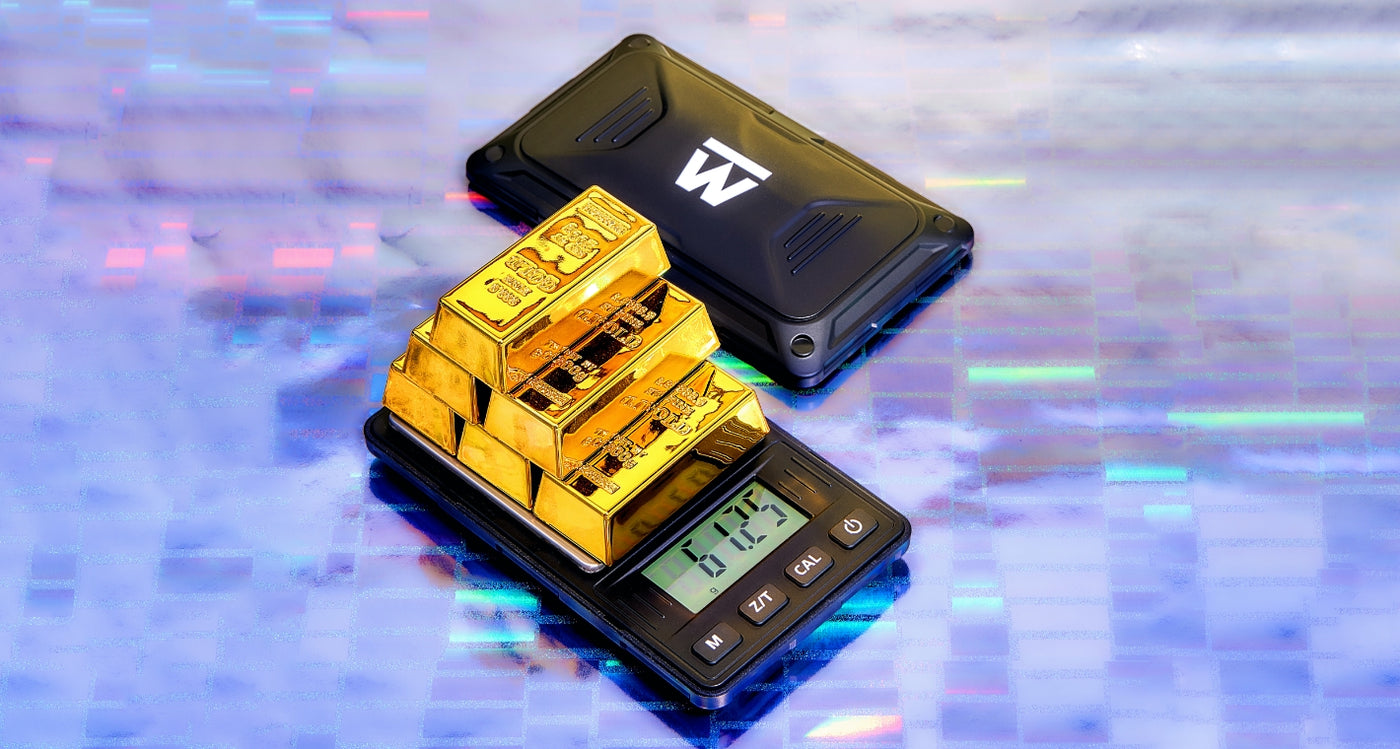 The Truweigh Crimson digital scale is in use on a wood table. The silicone bowl is filled to the brim with cannabis nugs, and the screen reads 55.99 grams.