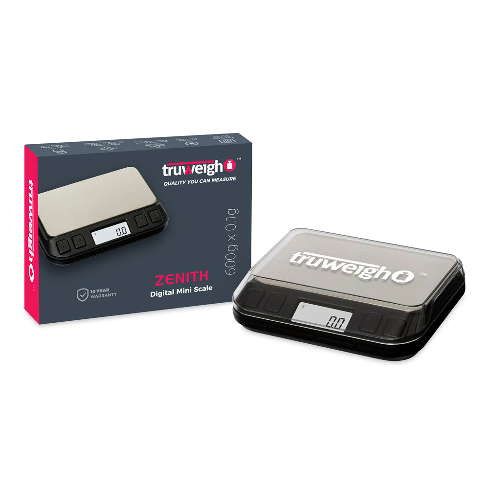 The 600g Truweigh Zenith digital mini scale is turned on and shown next to the box