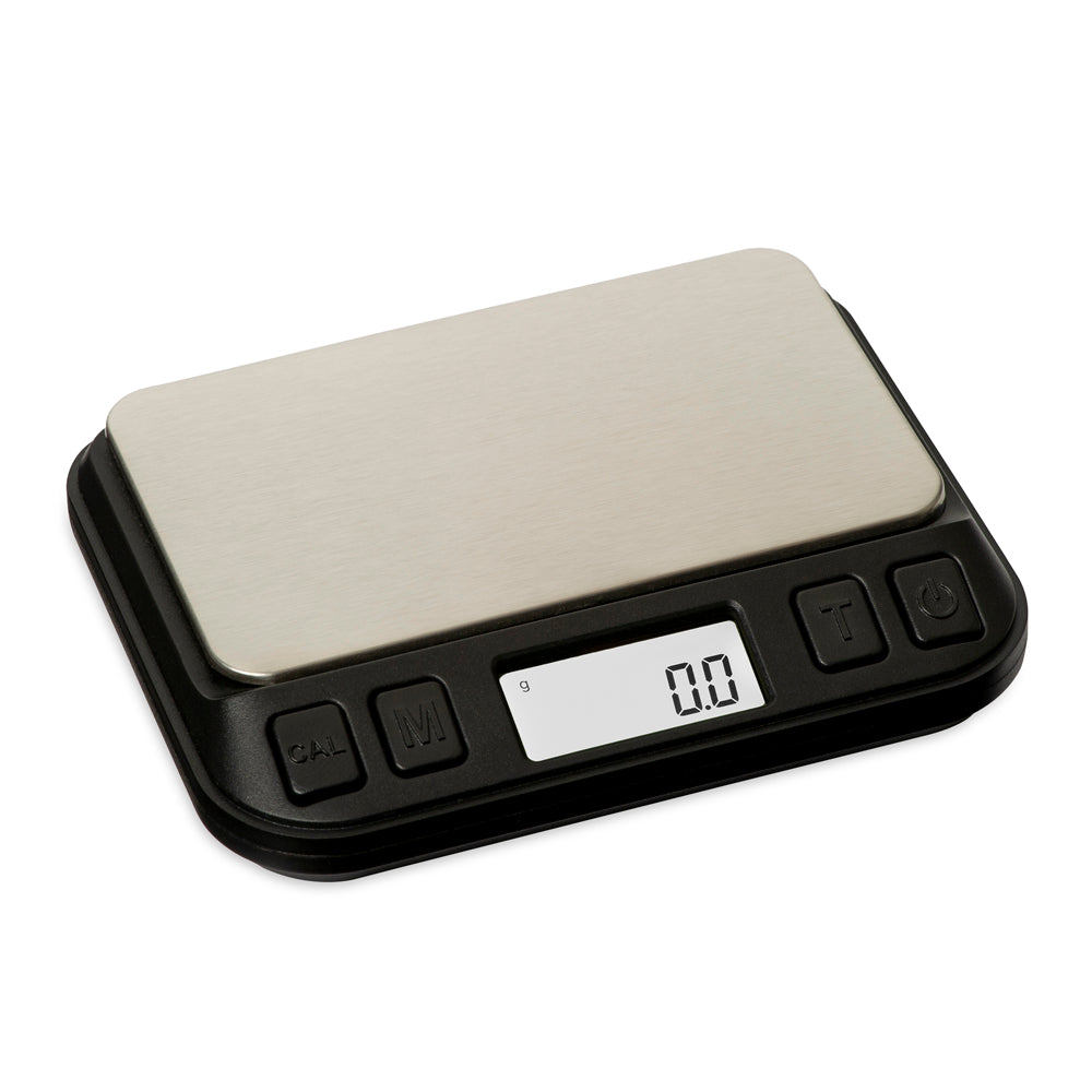 The 600g Truweigh Zenith digital mini scale is turned on without the tray, shown on an angle