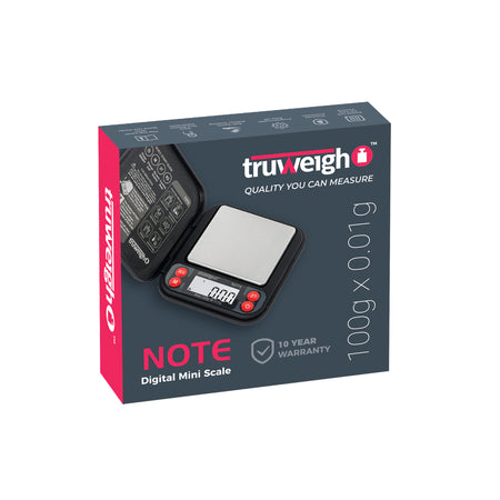 The box for The black Truweigh Note pocket scale