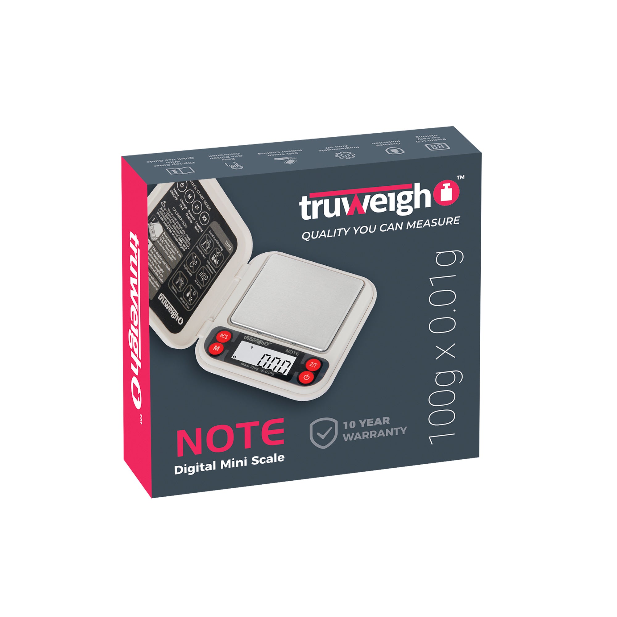 The box for The white Truweigh Note pocket scale
