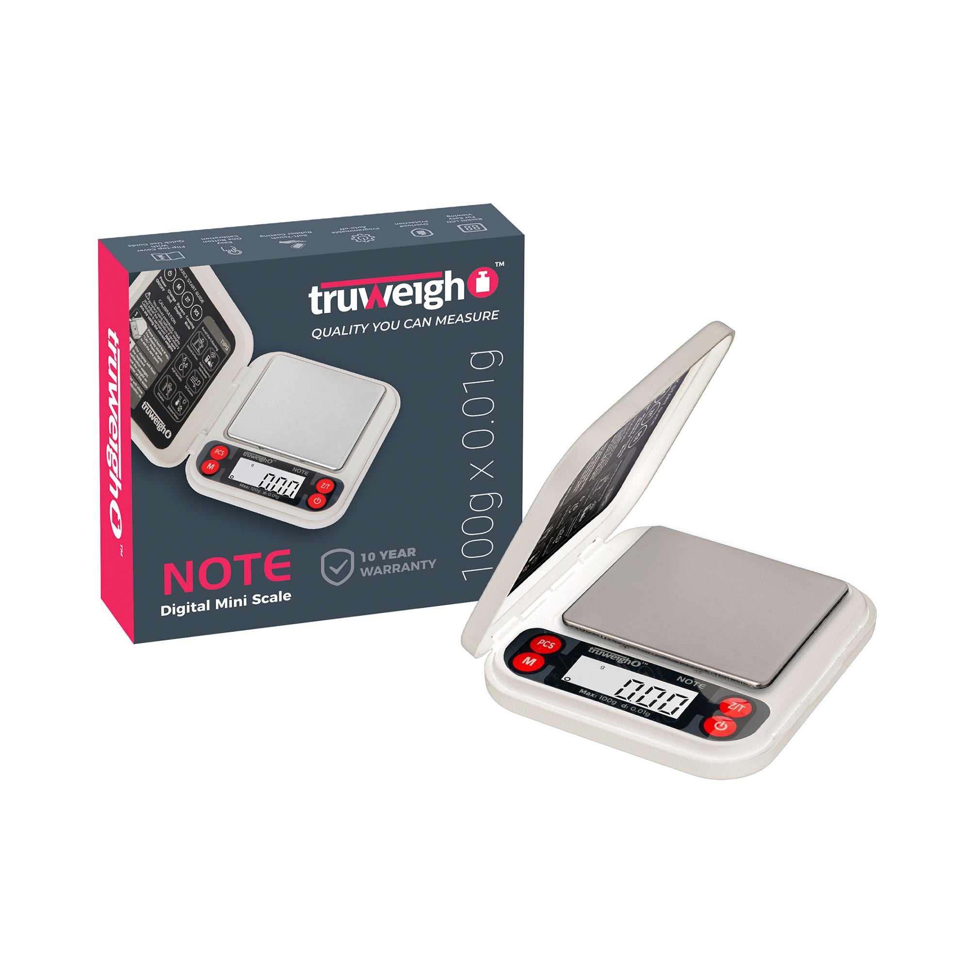 The white Truweigh Note pocket scale is open, turned on, and sitting next to the box