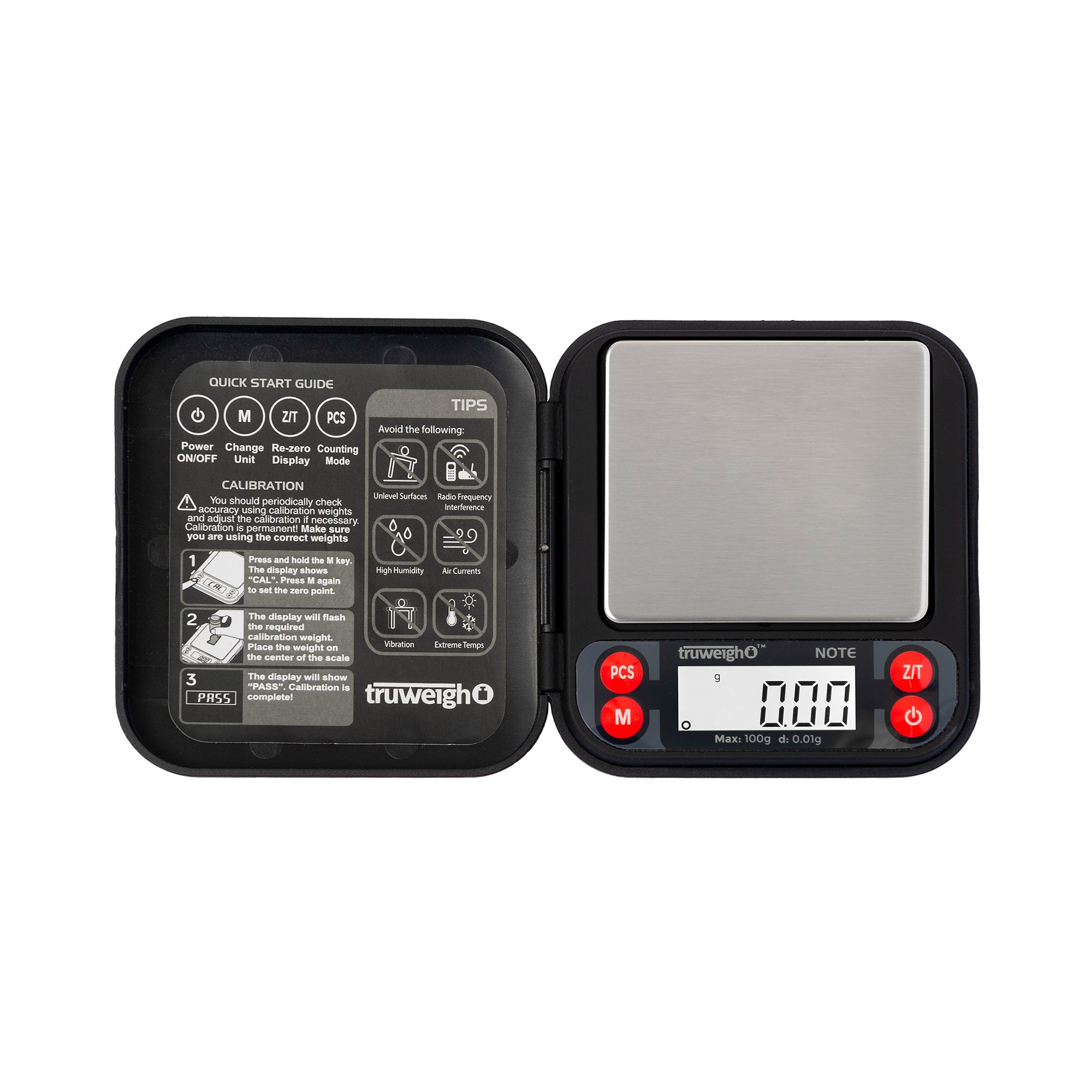 The black Truweigh Note pocket scale is shown turned on with the cover completely open