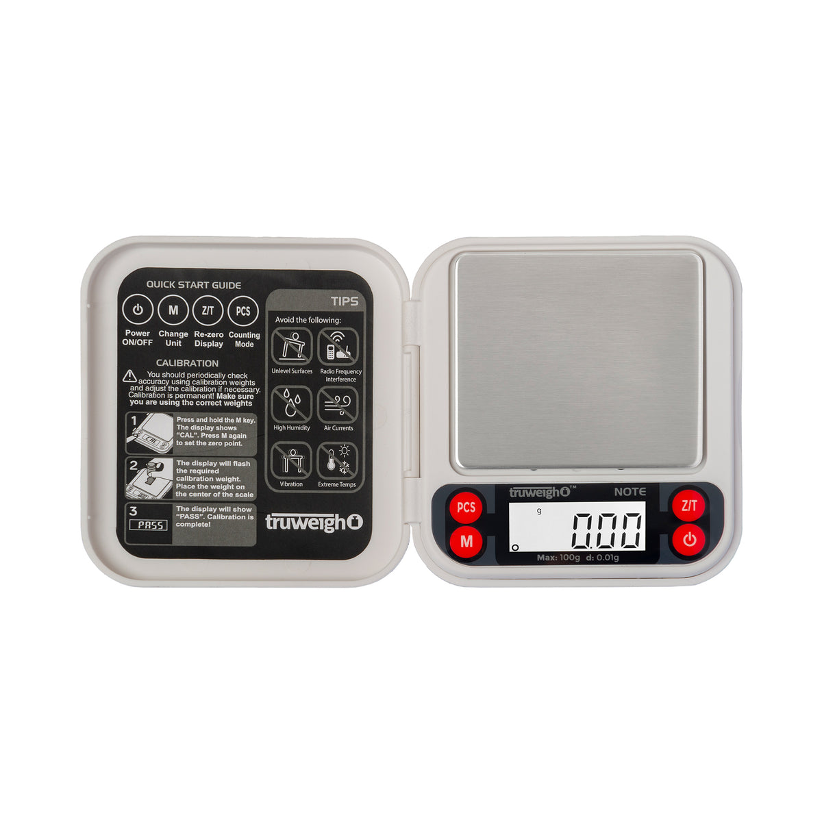 The white Truweigh Note pocket scale is turned on with the cover laying completely open