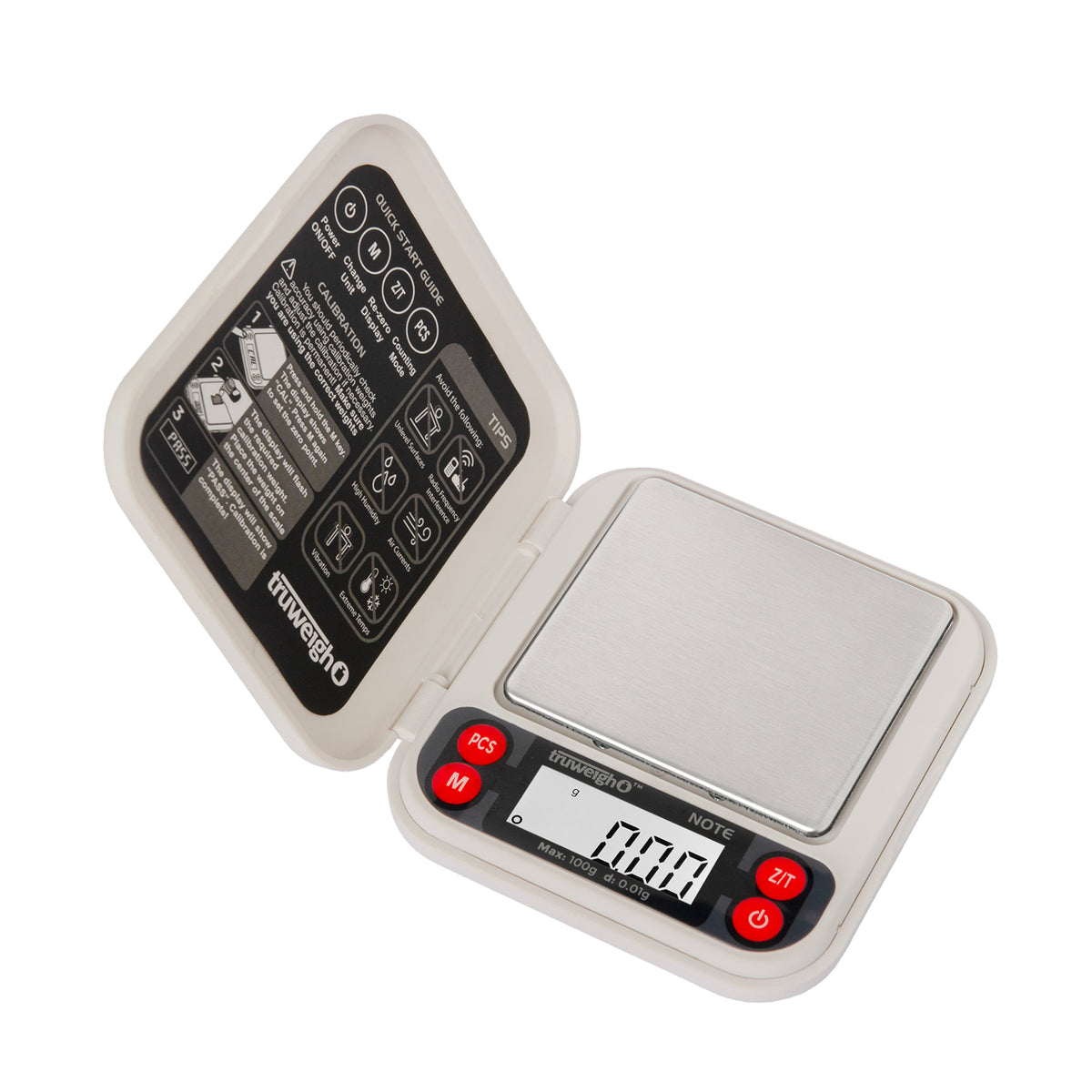 The white Truweigh Note pocket scale is turned on with the cover open