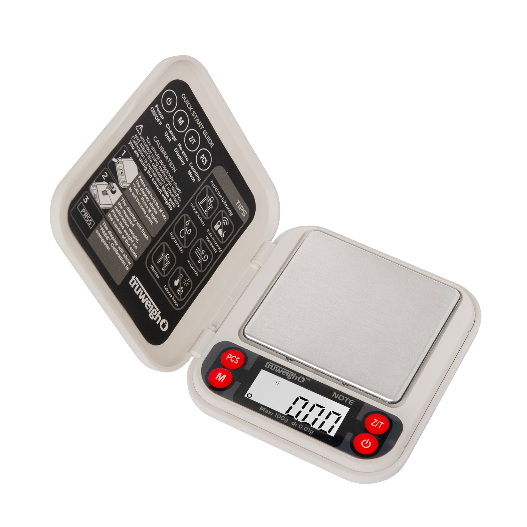 The white Truweigh Note pocket scale is turned on with the cover open