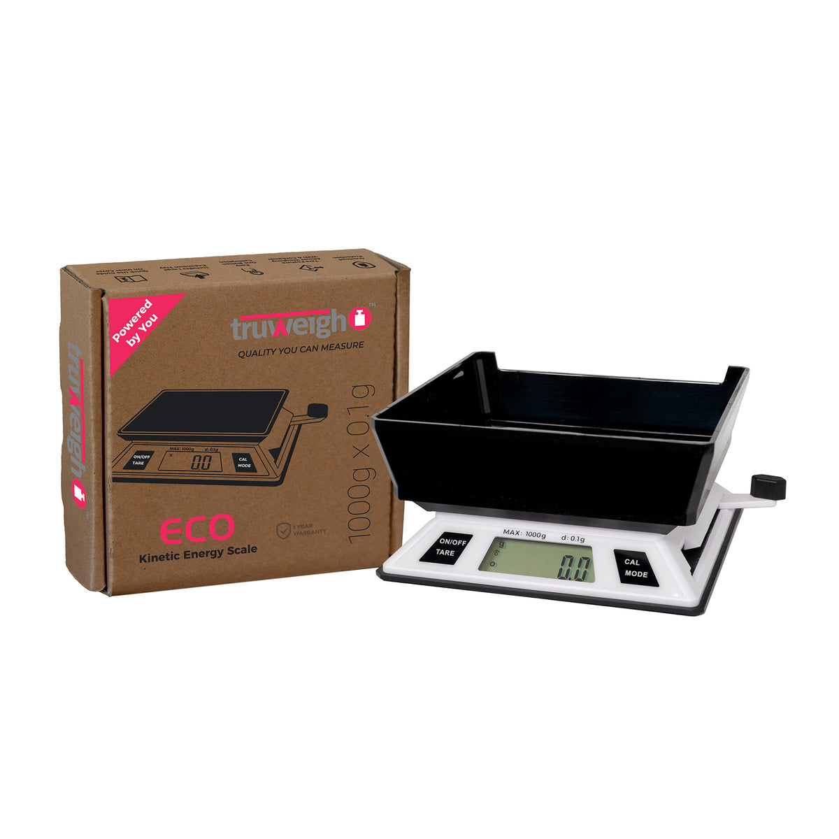 The Truweigh ECO Kinetic Energy scale is turned on with the tray on top, next to the box