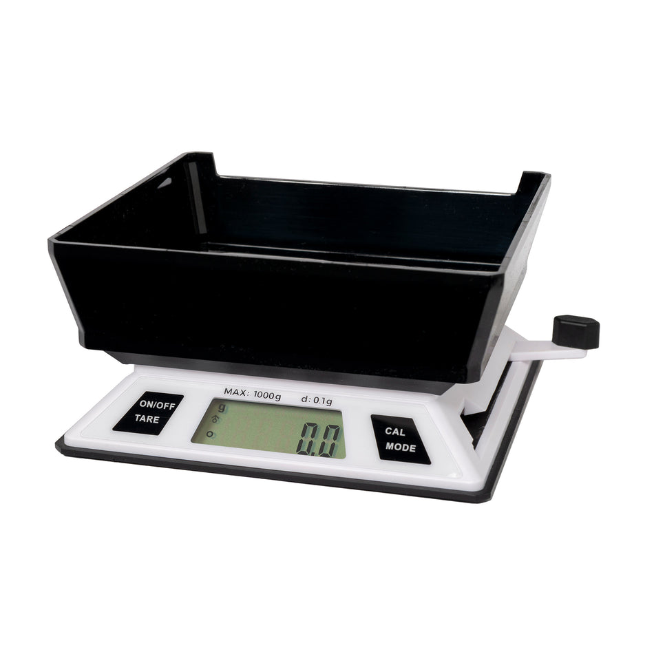 The Truweigh ECO Kinetic Energy scale is turned on with the tray sitting on top