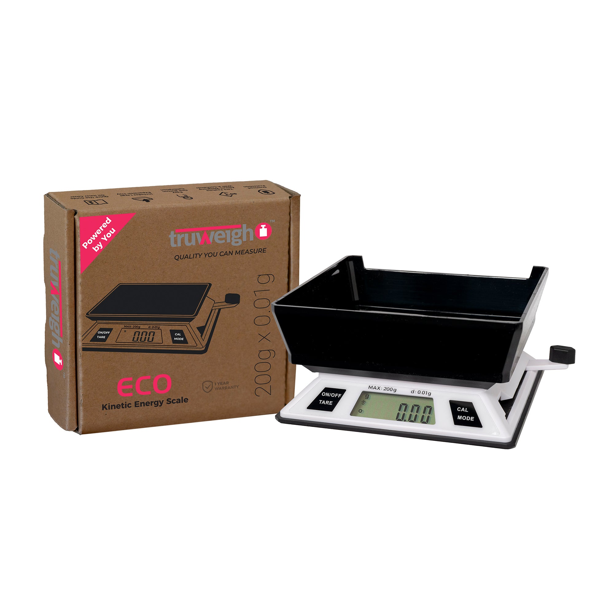 The Truweigh ECO Kinetic Energy scale is turned on, sitting next to the box