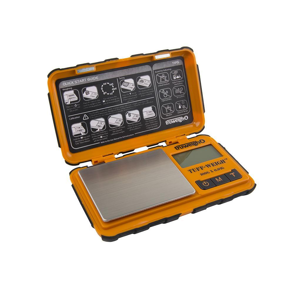 Truweigh Tuff-Weigh Digital Mini Pocket Rubberized Scale Orange Black 100g Capacity 0.01g Readability Hinged Cover Expansion Tray Back-Lit LCD Screen Overload Protection Auto Off Tare Zero One Touch Calibration 10 Year Warranty  Arts Crafts Hobby Cash Carry Headshops Jewelry Sport Shooting Ammunition Scale Resellers
