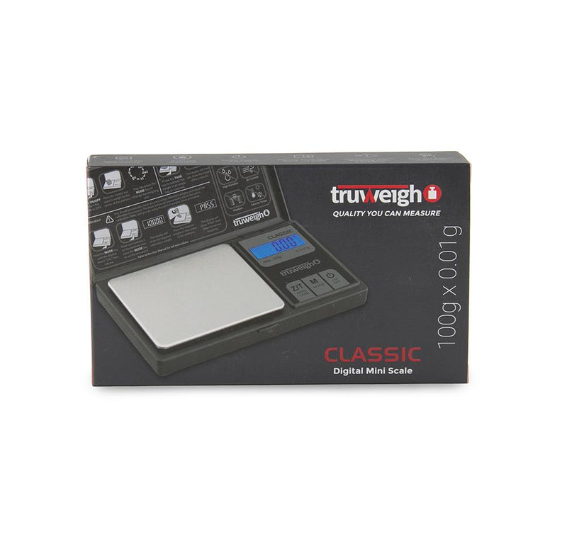 Truweigh Classic Digital Mini Scale 100g Capacity 0.01g Readability Stainless Steel Platform Hinged Locking Lid One Touch Calibration Tare Zero Overload Protection Back-Lit LCD Screen Auto-Off AAA Batteries 10 Year Warranty  Arts Crafts Hobby Coffee Dental Cash and Carry Growshops Headshops Science Education Scale Resellers Jewelry
