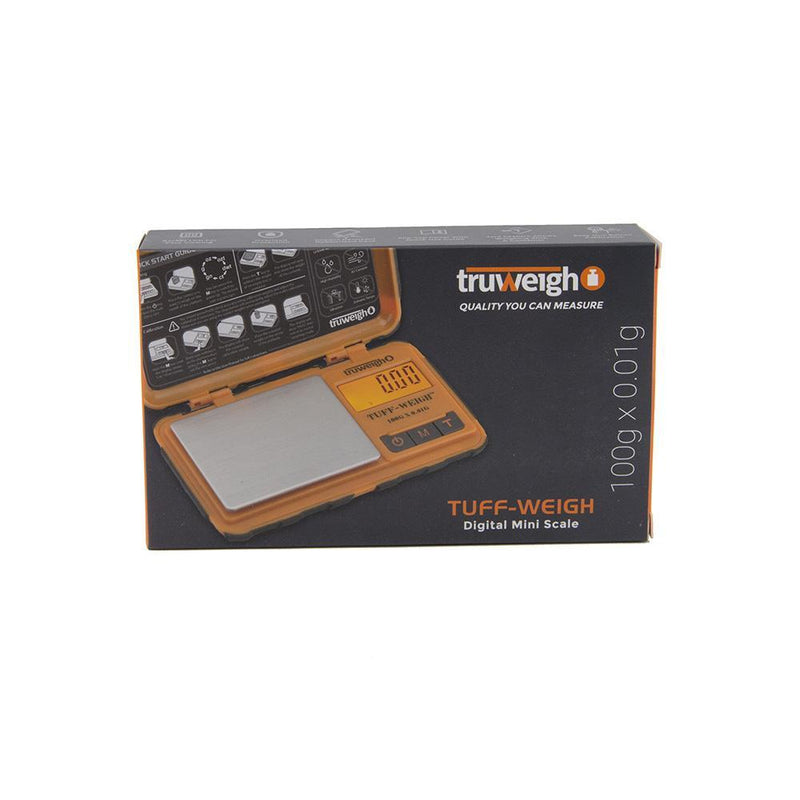 Truweigh Tuff-Weigh Digital Mini Pocket Rubberized Scale Orange Black 100g Capacity 0.01g Readability Hinged Cover Expansion Tray Back-Lit LCD Screen Overload Protection Auto Off Tare Zero One Touch Calibration 10 Year Warranty  Arts Crafts Hobby Cash Carry Headshops Jewelry Sport Shooting Ammunition Scale Resellers