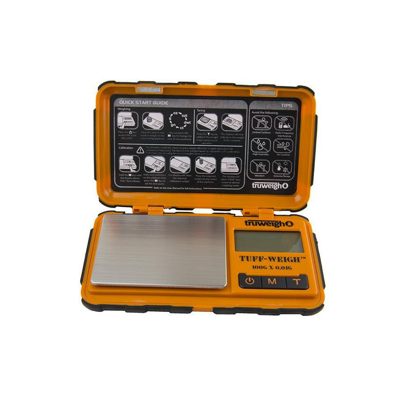 Truweigh Tuff-Weigh Digital Mini Pocket Rubberized Scale Orange Black 100g Capacity 0.01g Readability Hinged Cover Expansion Tray Back-Lit LCD Screen Overload Protection Auto Off Tare Zero One Touch Calibration 10 Year Warranty  Arts Crafts Hobby Cash Carry Headshops Jewelry Sport Shooting Ammunition Scale Resellers