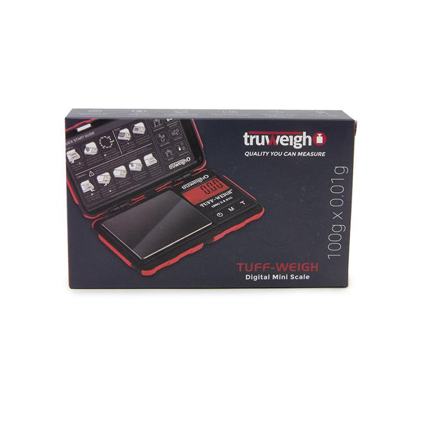 Truweigh Tuff-Weigh Digital Mini Pocket Rubberized Scale Red Black 100g Capacity 0.01g Readability Hinged Cover Expansion Tray Back-Lit LCD Screen Overload Protection Auto Off Tare Zero One Touch Calibration 10 Year Warranty Arts Crafts Hobby Cash Carry Headshops Jewelry Sport Shooting Ammunition Scale Resellers