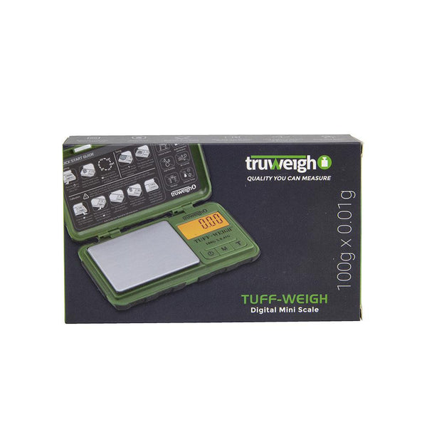 Truweigh Tuff-Weigh Digital Mini Pocket Rubberized Scale Green Black 100g Capacity 0.01g Readability Hinged Cover Expansion Tray Back-Lit LCD Screen Overload Protection Auto Off Tare Zero One Touch Calibration 10 Year Warranty Arts Crafts Hobby Cash Carry Headshops Jewelry Sport Shooting Ammunition Scale Resellers